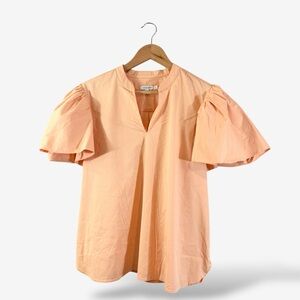Chico’s Coral Orange V-Neck Puff Sleeve Poplin Blouse Size 2 (US L) Casual